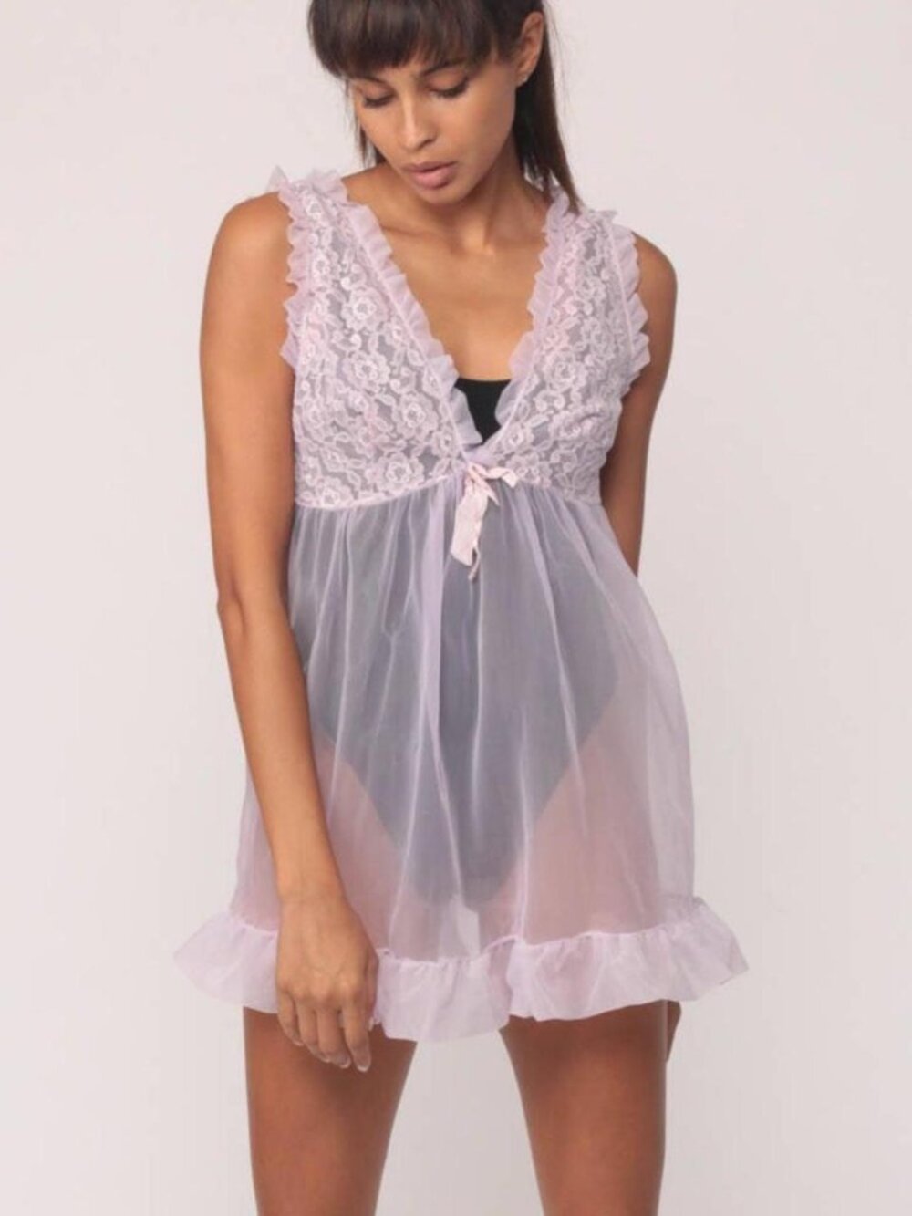 Sheer Lingerie Nightgown LACE Slip Dress Pastel Babydoll 70s Mini Lilac Purple
